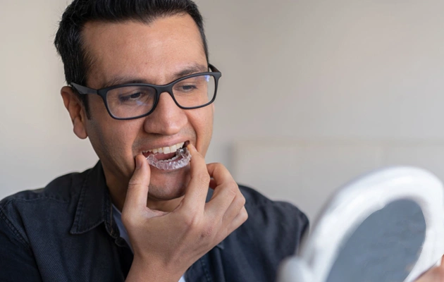 Young man wearing glasses smiling while pointing to his teeth in dental office setting.