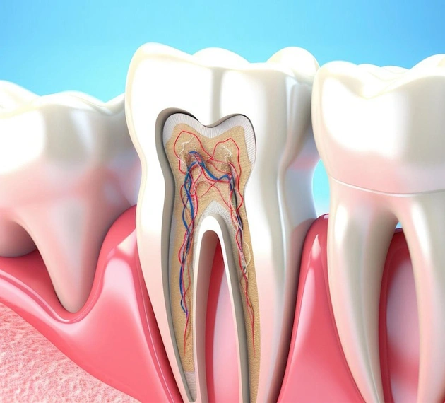 Dental cross-section illustration showing tooth anatomy with pulp, dentin, and root canal structure against blue sky background.