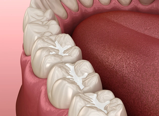 Dental model showing lower teeth crowns and restorations against pink background in dental office setting.